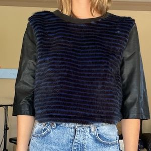 Fur Striped and Faux Leather Crop Top